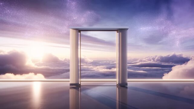 Futuristic Gateway to a Dreamlike Spiritual Dimension with Ethereal Clouds and Soft Sunlight.