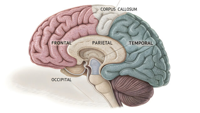Human brain diagram showing labeled lobes