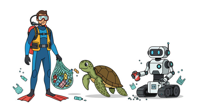Scuba diver and robot cleaning ocean plastic pollution with sea turtle nearby.