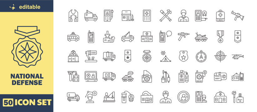 National Defense Line Icon Set &ndash; Military Security, Army Operations, Defense Forces, Tactical Equipment and Emergency Support Outline Icons