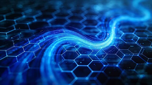 Glowing blue rotating light band over hexagonal digital grid