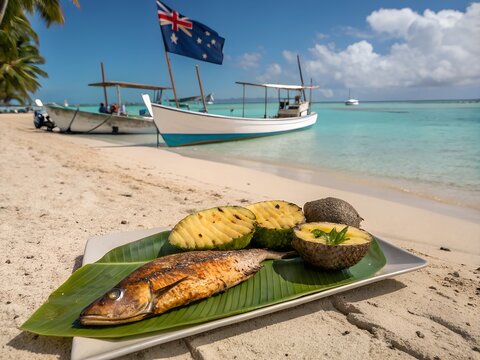 Traditional Tuvaluan Grilled Fish and Roasted Breadfruit, Tuvalu National Flag, Fishing Boats, Funafuti Atoll Lagoon, Coral Beach
