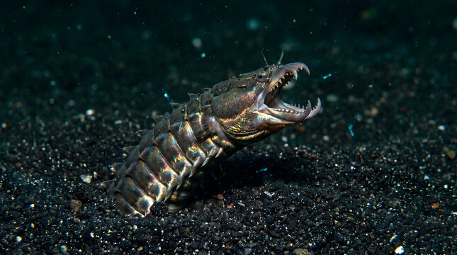 Predatory Lizardfish Resting on Dark Ocean Bottom