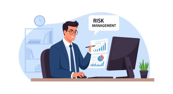 Professional businessman wearing glasses and a suit sitting at an office desk, analyzing financial data reports, bar charts, and pie graphs for risk management strategy and assessment.