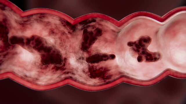 3D Medical Render: Intestinal Toxins and Stool Retention Cause Black Intestinal Lining, Infection, Enteritis and Digestive System Diseases