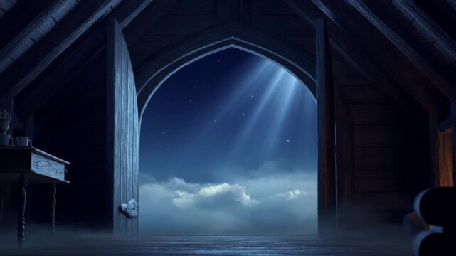 Mystical Arched Window Opening to a Heavenly Night Sky with Divine Light Rays.