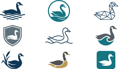 goose vector icon set isolated duck swan shield geometric line art minimal pond logo graphic illustration © Md