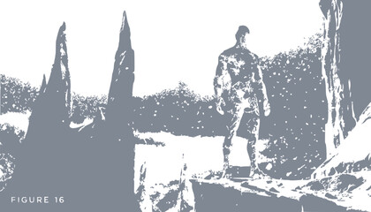 Obraz premium Solitary Figure Stands on Rocky Outcrop, Observing Stark Landscape