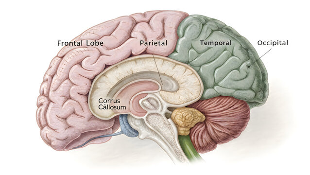Human brain diagram showing labeled lobes and corpus callosum