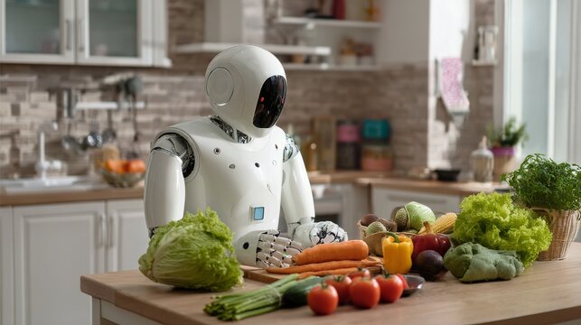 Ai robot preparing healthy meal in modern kitchen using fresh vegetables, smart home culinary automation, futuristic domestic assistant cooking nutritious food, advanced household robotics technology