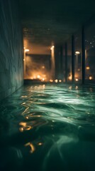 Obraz premium Ultra realistic view of floating calmly in jade-colored spa water at night, camera placed right above the water surface with clear water line, soft ripples and soft reflections in the foreground