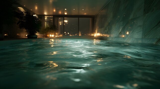 Ultra realistic view of floating calmly in jade-colored spa water at night, camera placed right above the water surface with clear water line, soft ripples and soft reflections in the foreground