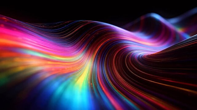 Colorful neon light waves flowing dynamically across dark background