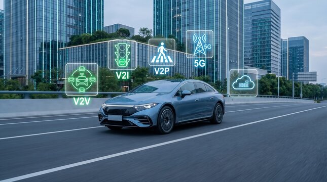 Autonomous Electric Vehicle Driving on Modern City Highway with V2X Smart Mobility Technology Overlay