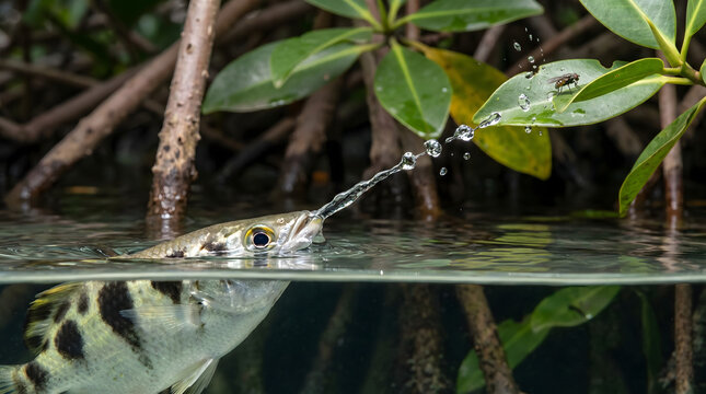 Archerfish Hunting at Water Surface Near Mangroves