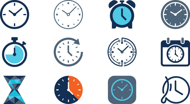 clock vector icon set isolated time watch alarm stopwatch calendar hourglass geometric flat graphic logo illustration
