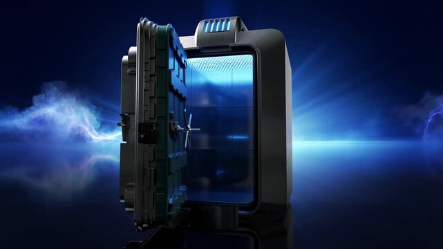 Futuristic Sci Fi Vault Door Opening to Reveal Glowing Blue Portal Light.