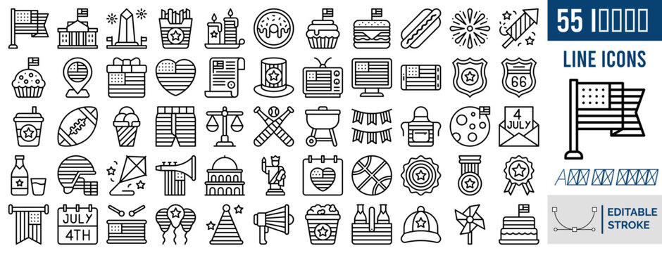 4th of July icon set. Independence Day symbols including American flag, fireworks, BBQ grill, and liberty bell in outline line art style