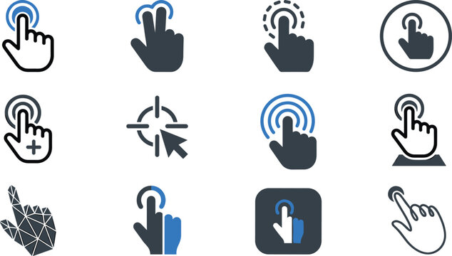 hand cursor vector icon set isolated touch gesture click finger point interactive flat graphic logo illustration