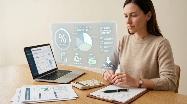 Professional Woman Reviewing Tax Savings and Financial Planning Data on Digital Interface