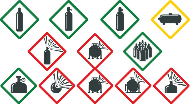 gas cylinder vector icon set isolated hazard compressed pressure tank explosion safety warning flat graphic illustration