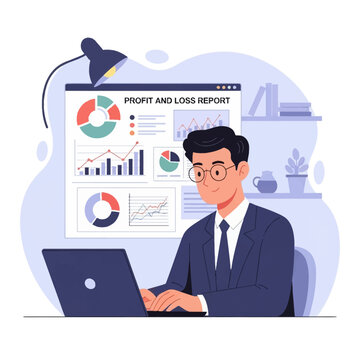 Flat vector illustration of a professional businessman in a suit and glasses analyzing a profit and loss report dashboard featuring various charts, bar graphs, and financial data.
