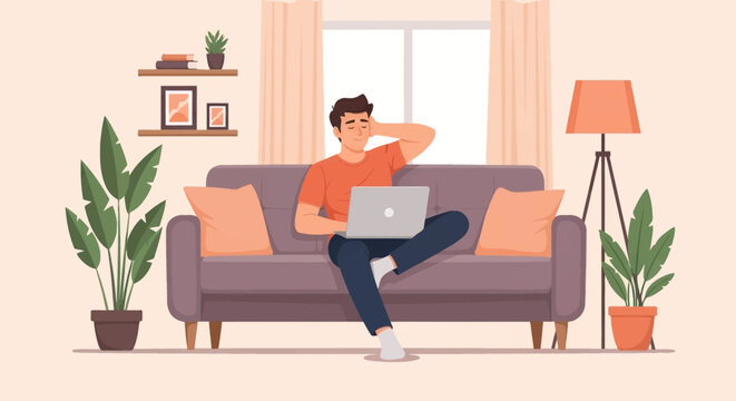Flat vector illustration of a man sitting on a purple sofa in a living room, using a laptop and resting his hand behind his head, with houseplants, a floor lamp, and window behind.