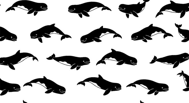 Playful Black Whales Repeating Pattern Illustration Design.