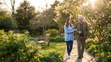 Obraz premium Elderly man receives compassionate support from a young woman while strolling through a sunlit garden, with ample copy space for design.