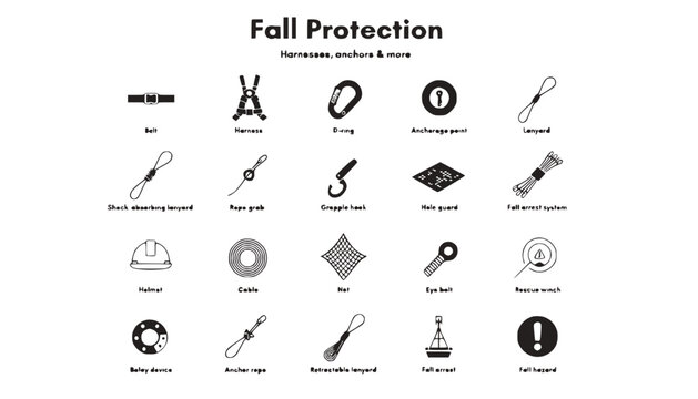 Fall Protection Equipment Icons: Harness, Helmet, Carabiner, Lanyard & More