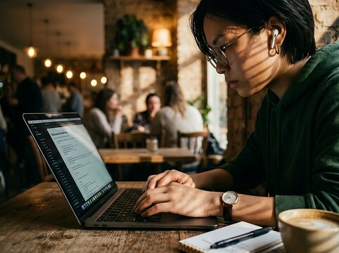 Young woman focused on laptop, working remotely in a cafe with warm lighting and other patrons in the background