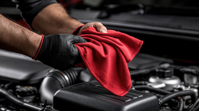 Mechanic car engine maintenance cleaning red cloth workshop worker glove auto repair service bay mechanic cleans car engine with red cloth workshop, focused maintenance scene with gloved hands