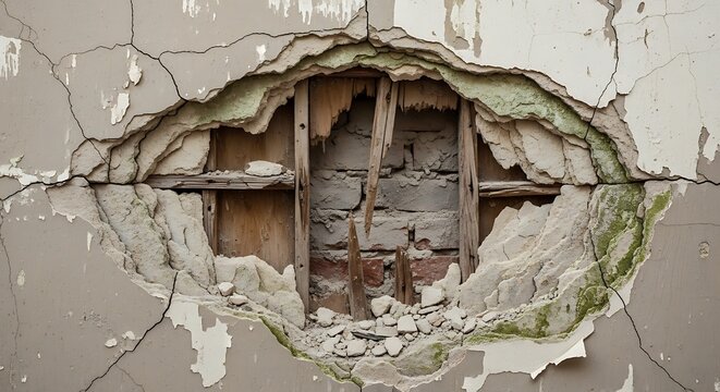 Close up of a large gaping hole in a dilapidated interior wall revealing damaged structural wooden studs and weathered brickwork construction