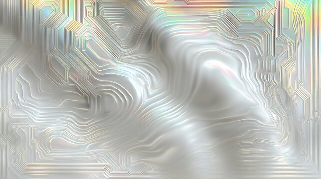Abstract futuristic landscape with 3D metallic circuit traces, iridescent holographic waves blending organic forms with high-tech network