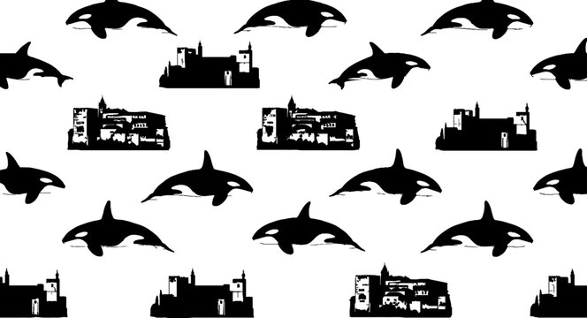 Black Silhouette Whales and Industrial Ships Pattern Design.