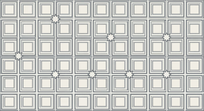 Minimalist Islamic geometric pattern featuring a grid of concentric squares and scattered eight-pointed stars in grey and cream shades, ideal for architectural and decorative backgrounds.