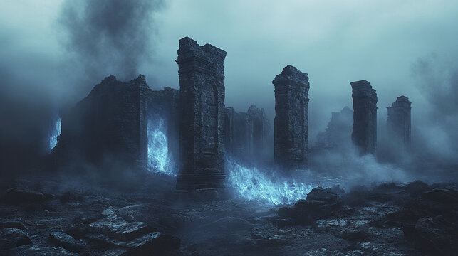 Ancient stone ruins stand in cursed forest with eerie blue fire flickering among broken pillars and rocky ground, creating mysterious and haunting atmosphere