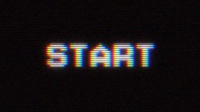 Retro arcade video game ready three two one start text countdown animation with vhs rgb chromatic aberration glitch distortion effect and crt noise fx