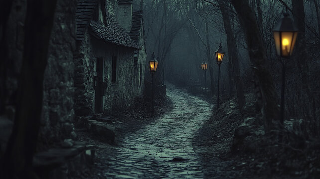 Cursed village street with flickering lanterns casting eerie light along winding cobblestone path surrounded by dark, leafless trees and old stone house