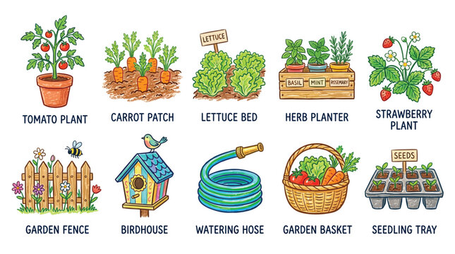 Collection of garden elements including plants, tools, and accessories for growing vegetables and fruits.