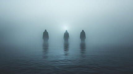 Obraz premium Eerie foggy lake with three ghostly figures hovering above water, creating mysterious and haunting atmosphere in misty environment