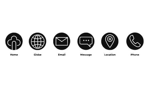 Set of 6 black contact icons: home, globe, email, message, location, phone