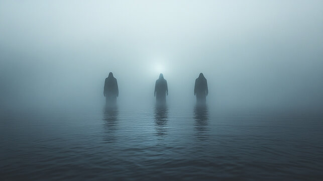 Eerie foggy lake with three ghostly figures hovering above water, creating mysterious and haunting atmosphere in misty environment