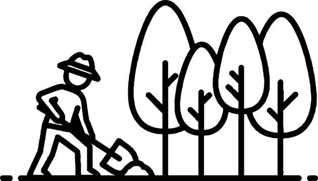 Illustration of gardener planting young tree saplings outdoors.