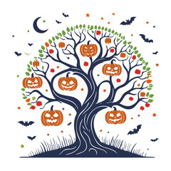 Fototapeta premium Halloween tree with jack-o-lanterns and bats