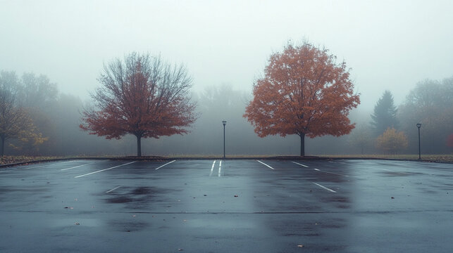 Empty parking lot with wet asphalt and autumn trees in foggy weather creating calm and misty atmosphere in early morning