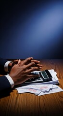 Dark-skinned hands rest heavily on a calculator and unpaid bills atop a wooden desk, illustrating professional economic stress and worry, work, dark-skinned, pen
