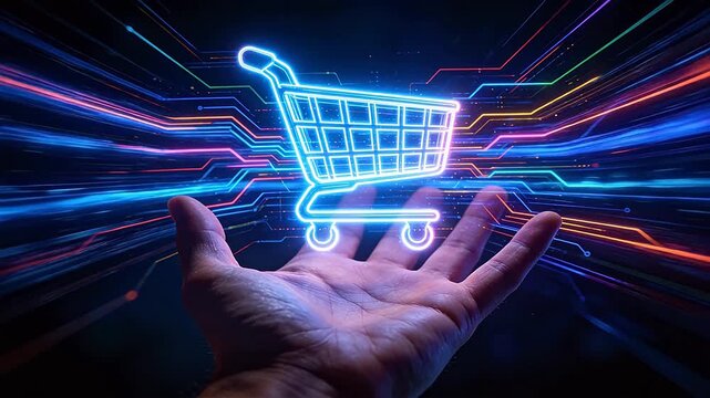 Hand holding colorful neon shopping cart surrounded by electronic circuits on dark background