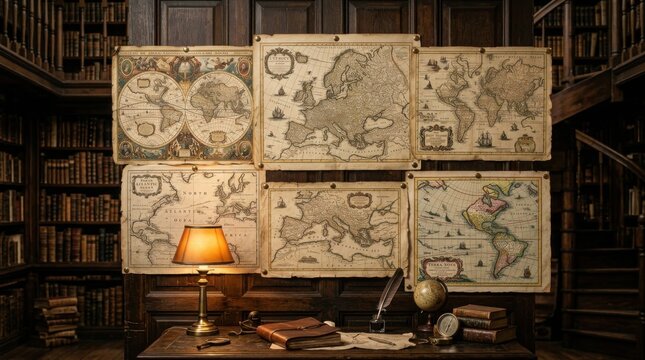 Collection of six antique vintage maps pinned to a dark wood paneled wall in a classic library with a desk featuring a lamp, globe, quill, and old leather-bound books.