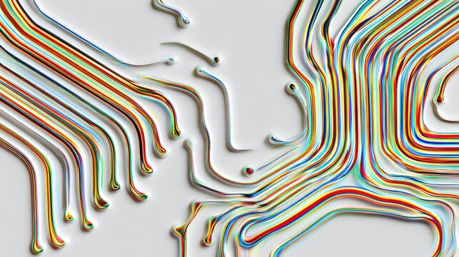 Dynamic abstract 3D background with flowing colorful liquid lines resembling glossy circuit traces over a smooth white surface.